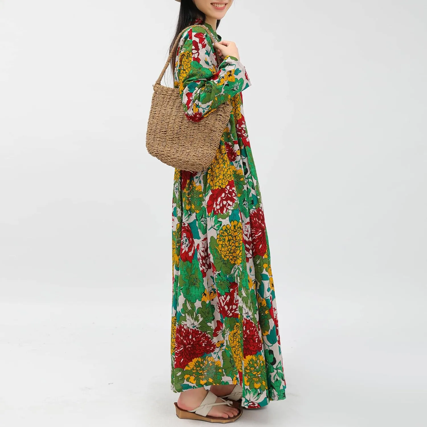 Women Boho Floral Print Cotton Long Maxi Skirt with Pockets and Adjustable Waistband Beach Casual Summer Dress