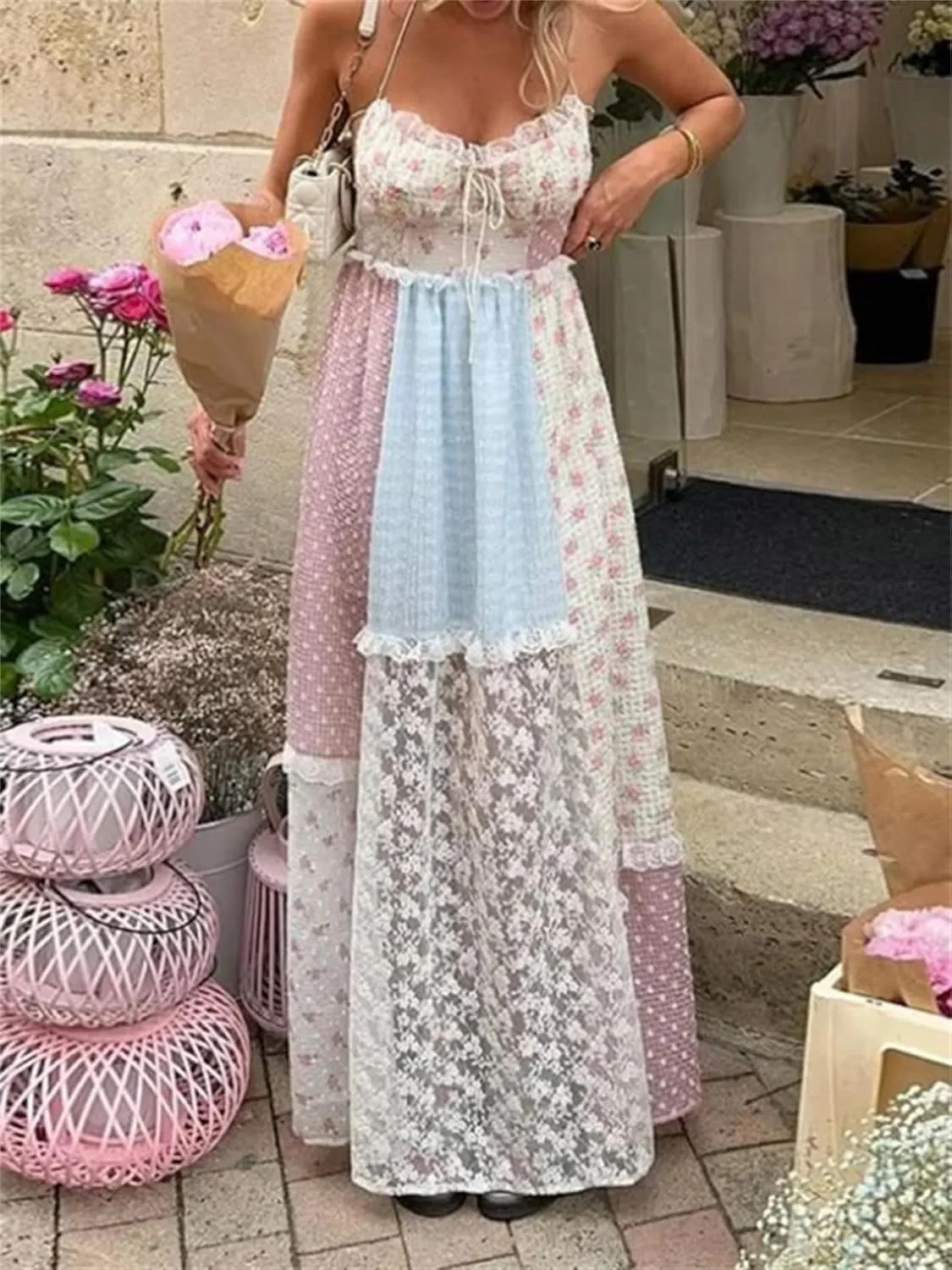 Women Boho Floral Smocked Maxi Dress Y2k Patchwork Lace Layered Long Beach Dress Casual Flowy Summer Sundress