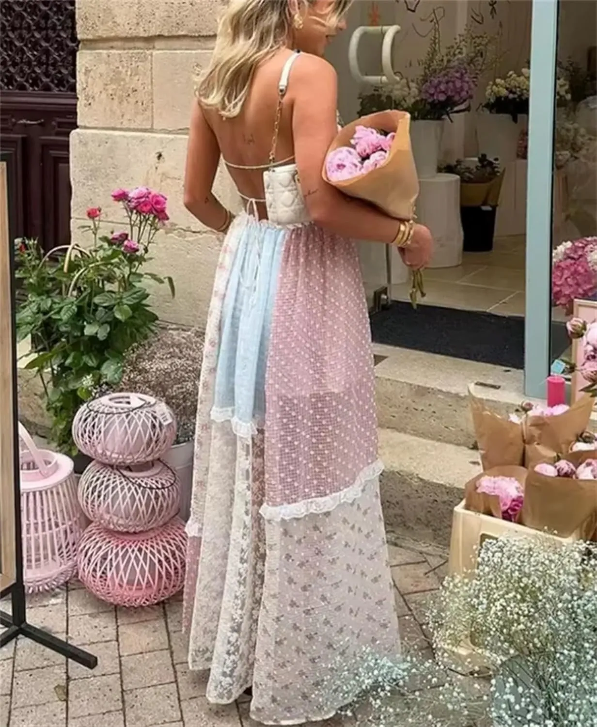 Women Boho Floral Smocked Maxi Dress Y2k Patchwork Lace Layered Long Beach Dress Casual Flowy Summer Sundress