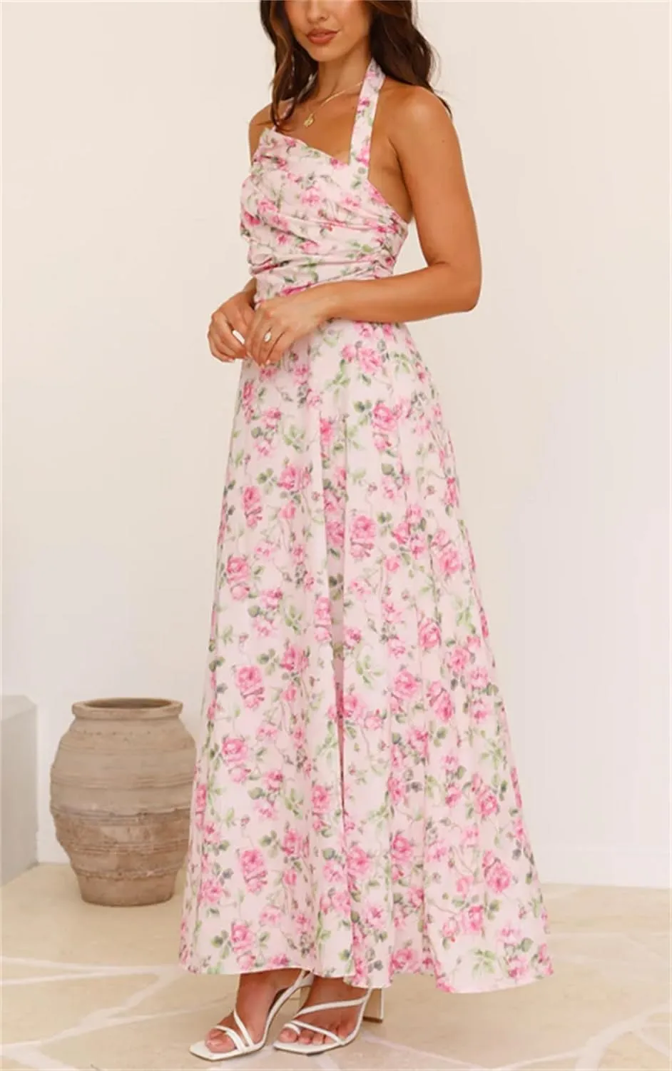 Women Boho Floral Smocked Maxi Dress Y2k Patchwork Lace Layered Long Beach Dress Casual Flowy Summer Sundress