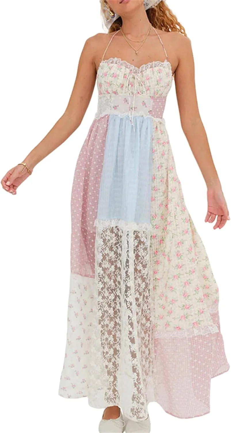 Women Boho Floral Smocked Maxi Dress Y2k Patchwork Lace Layered Long Beach Dress Casual Flowy Summer Sundress
