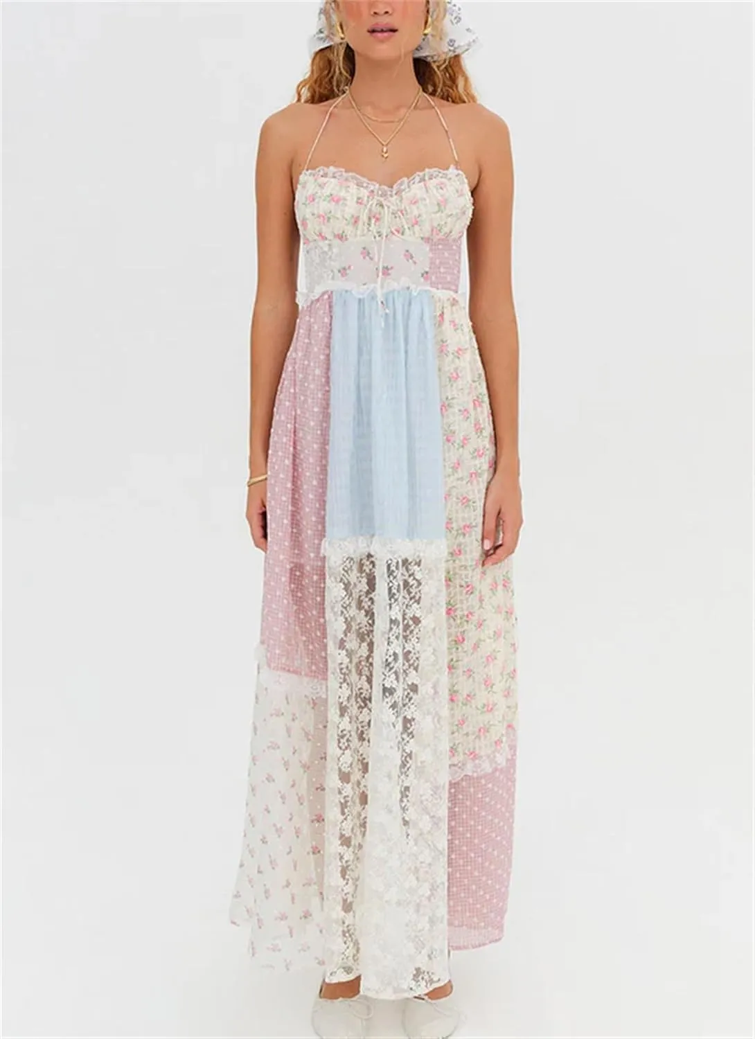 Women Boho Floral Smocked Maxi Dress Y2k Patchwork Lace Layered Long Beach Dress Casual Flowy Summer Sundress