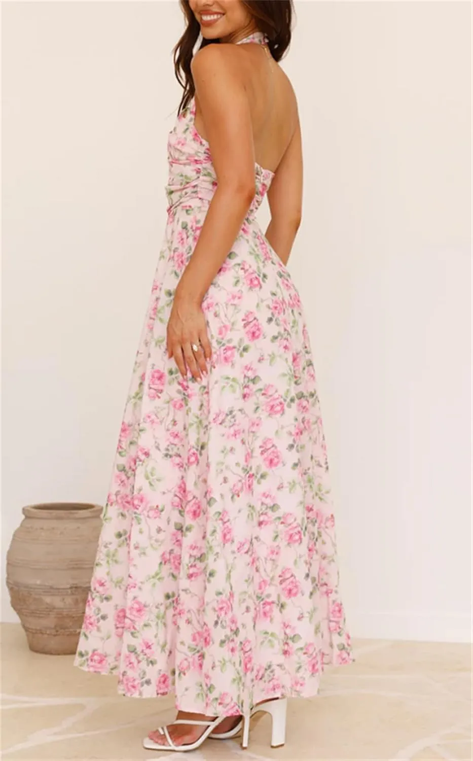 Women Boho Floral Smocked Maxi Dress Y2k Patchwork Lace Layered Long Beach Dress Casual Flowy Summer Sundress