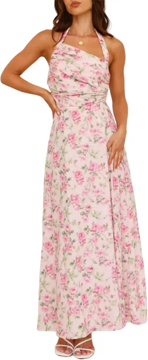 Women Boho Floral Smocked Maxi Dress Y2k Patchwork Lace Layered Long Beach Dress Casual Flowy Summer Sundress