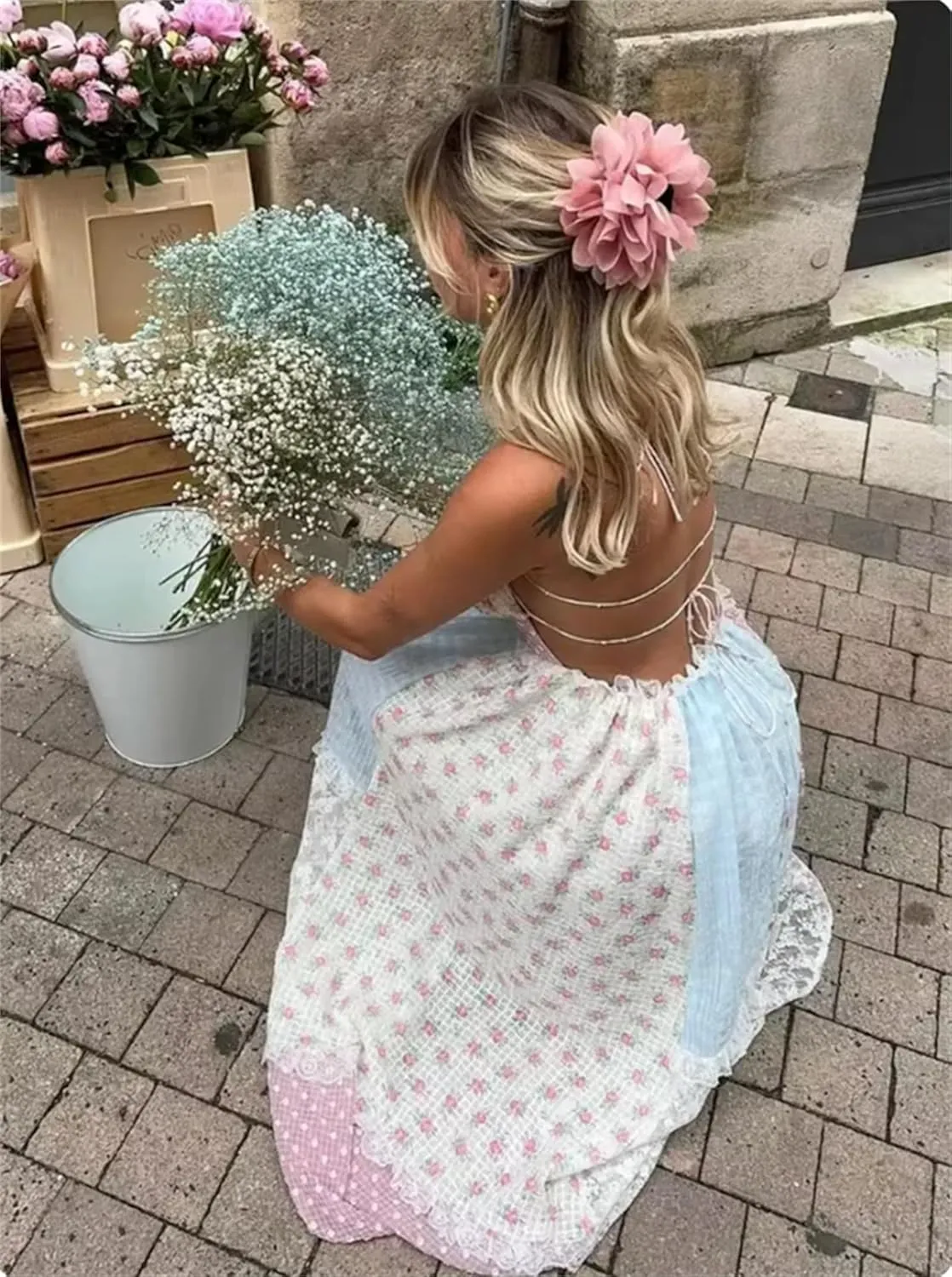 Women Boho Floral Smocked Maxi Dress Y2k Patchwork Lace Layered Long Beach Dress Casual Flowy Summer Sundress