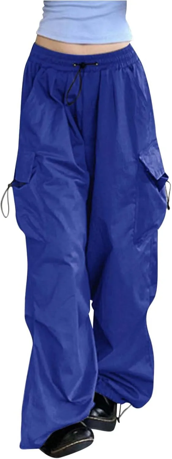 Women Elastic Waist Baggy Cargo Pants Parachute Drawstring Wide Leg Long Pant Unisex Trendy Y2K Pants Hiking Trousers