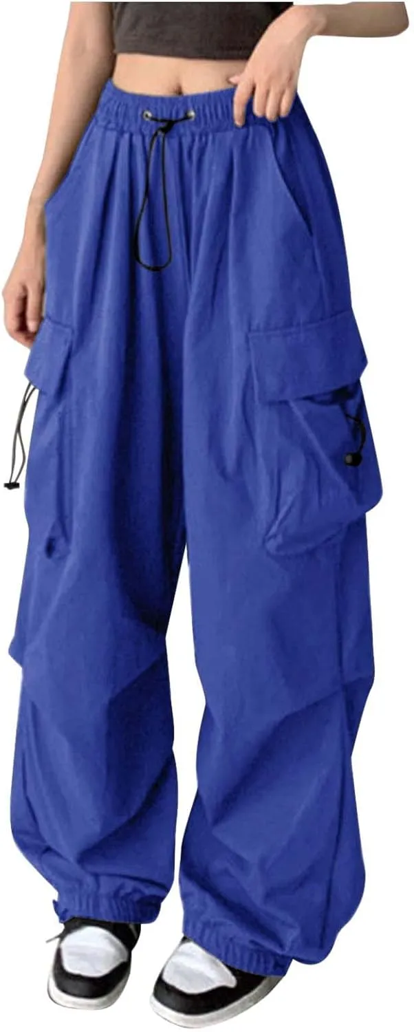 Women Elastic Waist Baggy Cargo Pants Parachute Drawstring Wide Leg Long Pant Unisex Trendy Y2K Pants Hiking Trousers