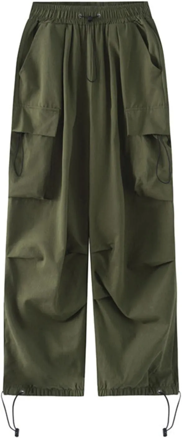 Women Elastic Waist Baggy Cargo Pants Parachute Drawstring Wide Leg Long Pant Unisex Trendy Y2K Pants Hiking Trousers