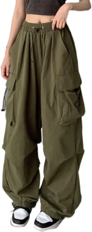 Women Elastic Waist Baggy Cargo Pants Parachute Drawstring Wide Leg Long Pant Unisex Trendy Y2K Pants Hiking Trousers