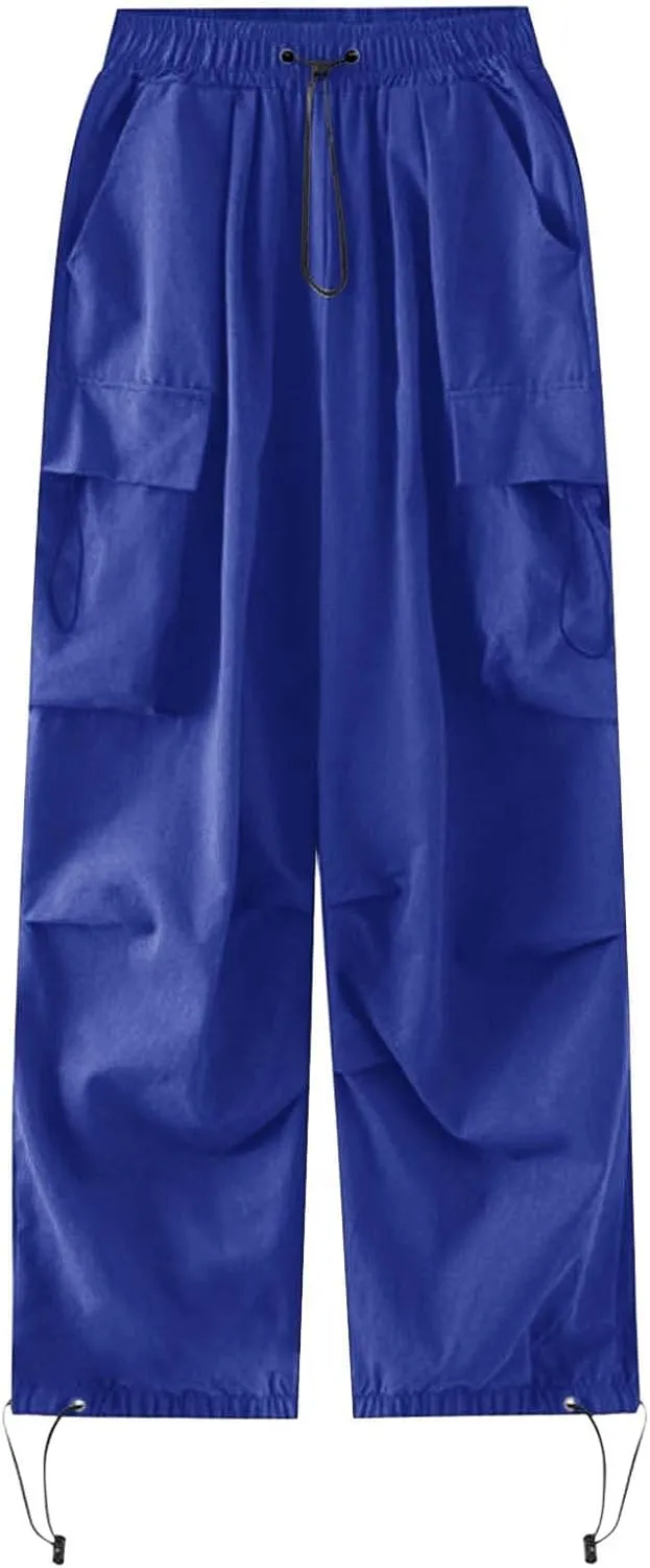 Women Elastic Waist Baggy Cargo Pants Parachute Drawstring Wide Leg Long Pant Unisex Trendy Y2K Pants Hiking Trousers