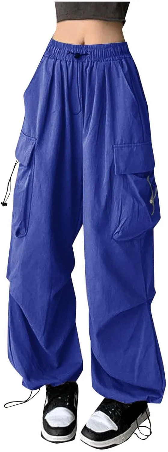 Women Elastic Waist Baggy Cargo Pants Parachute Drawstring Wide Leg Long Pant Unisex Trendy Y2K Pants Hiking Trousers