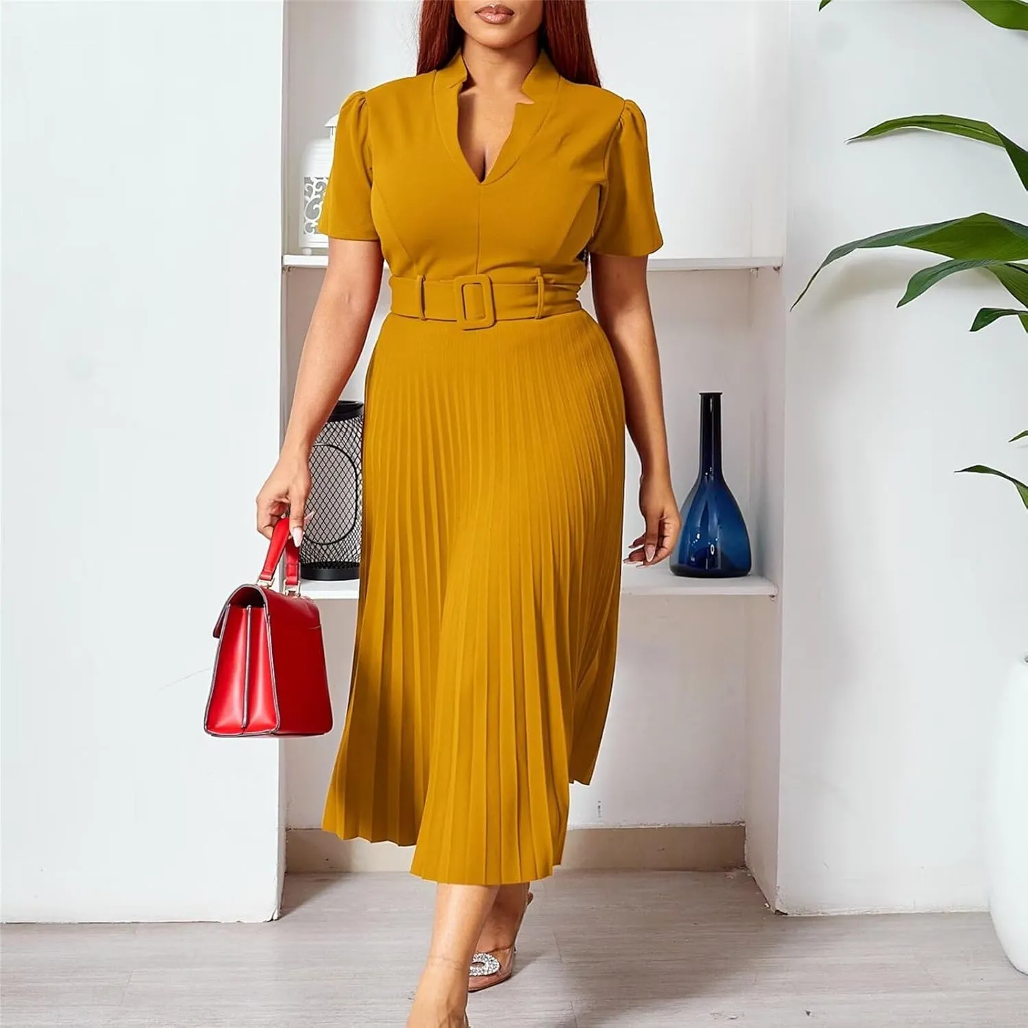 Women Elegant Business Dresses Trendy Short Sleeve Vneck Pleated Midi Dresses Formal Cocktail Dress Office Work Dress