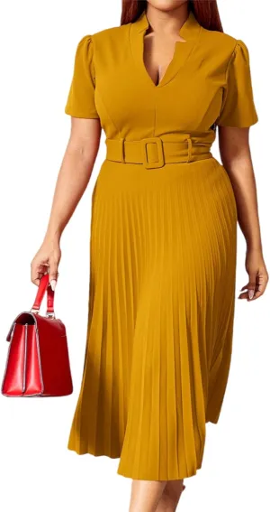Women Elegant Business Dresses Trendy Short Sleeve Vneck Pleated Midi Dresses Formal Cocktail Dress Office Work Dress