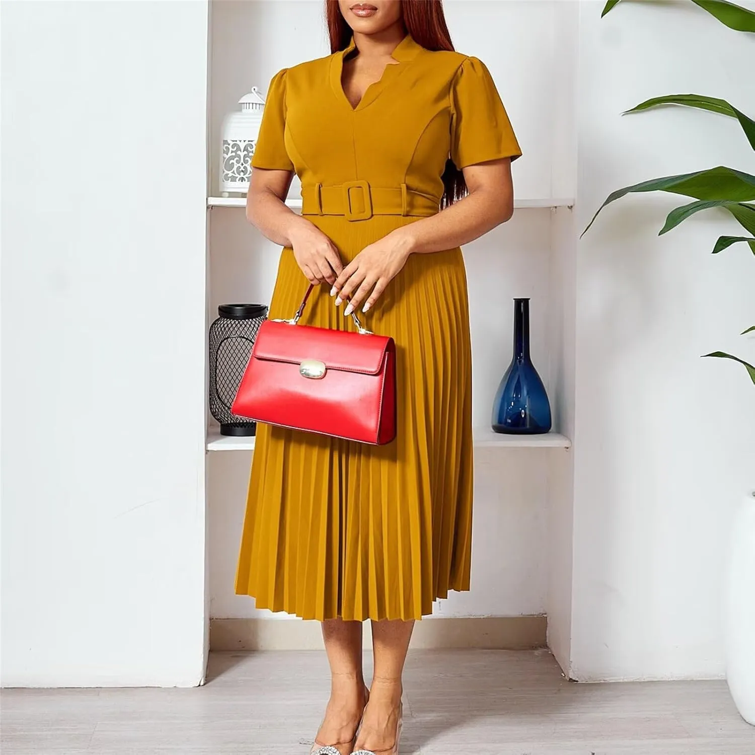 Women Elegant Business Dresses Trendy Short Sleeve Vneck Pleated Midi Dresses Formal Cocktail Dress Office Work Dress