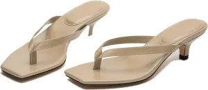 Women Flip-Flops Mules Kitten Heels Square Toe Thong Sandals Matte Comfy 1 inch Low Heel Slippers T-Straps Open Toe Outdoor Beach Summer Slip On Sandal Heels Basic Chic 4-11 M US