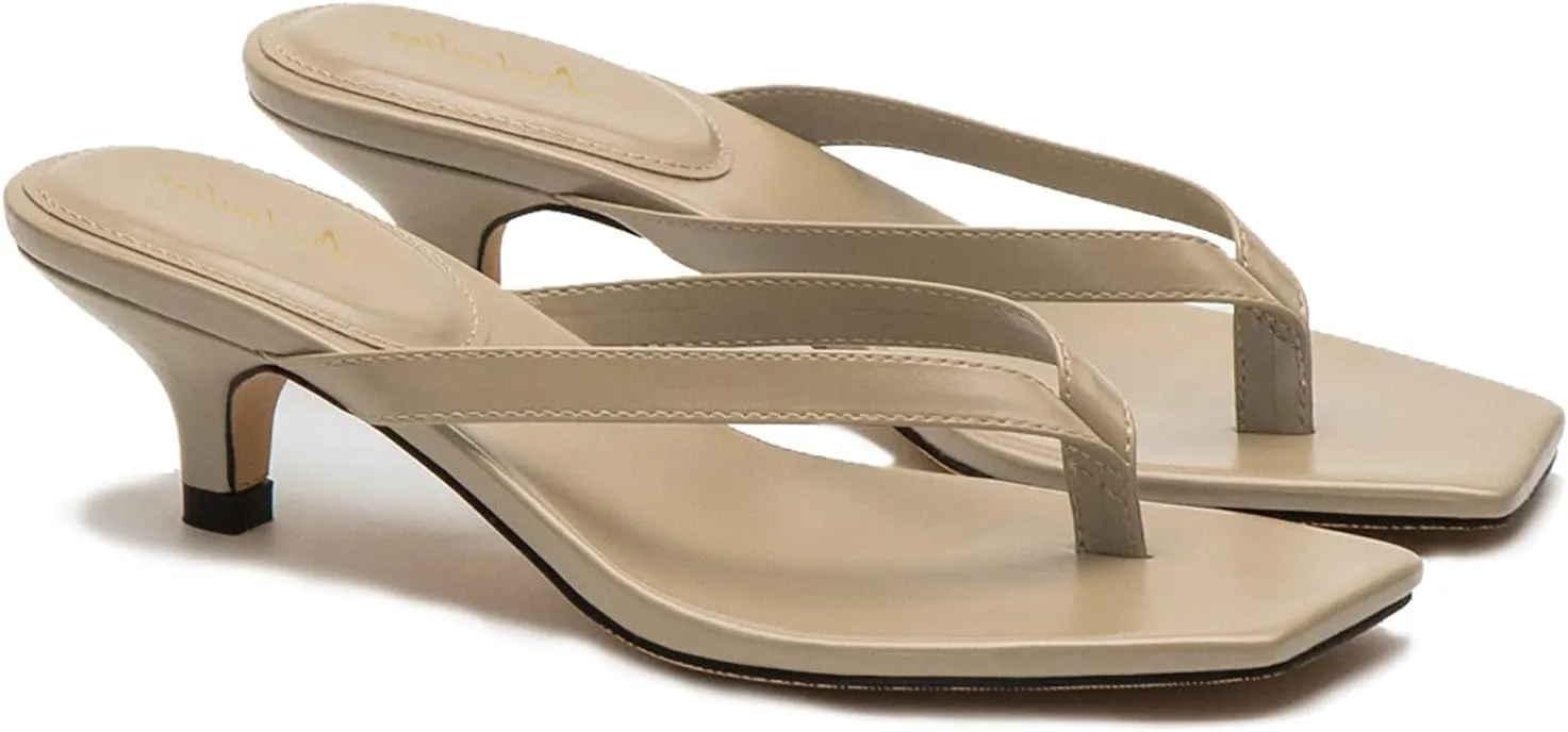 Women Flip-Flops Mules Kitten Heels Square Toe Thong Sandals Matte Comfy 1 inch Low Heel Slippers T-Straps Open Toe Outdoor Beach Summer Slip On Sandal Heels Basic Chic 4-11 M US