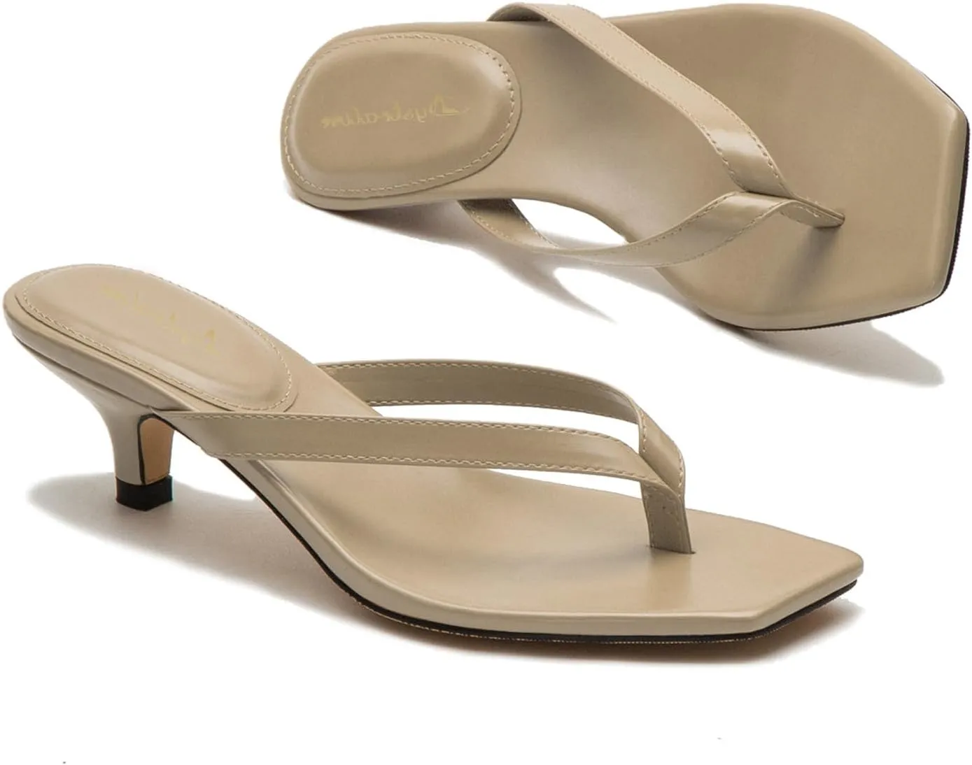 Women Flip-Flops Mules Kitten Heels Square Toe Thong Sandals Matte Comfy 1 inch Low Heel Slippers T-Straps Open Toe Outdoor Beach Summer Slip On Sandal Heels Basic Chic 4-11 M US