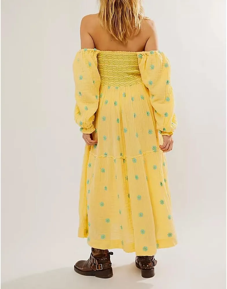 Women Floral Embroidered Maxi Dress Long Puff Sleeve Square Neck Bohemian Flowy Dress with Pockets Smocked Fall Dress