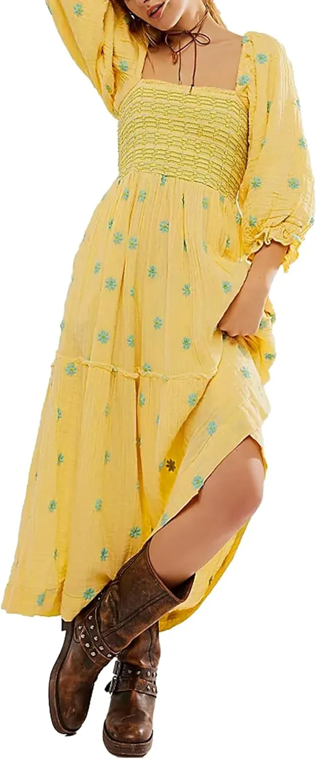 Women Floral Embroidered Maxi Dress Long Puff Sleeve Square Neck Bohemian Flowy Dress with Pockets Smocked Fall Dress