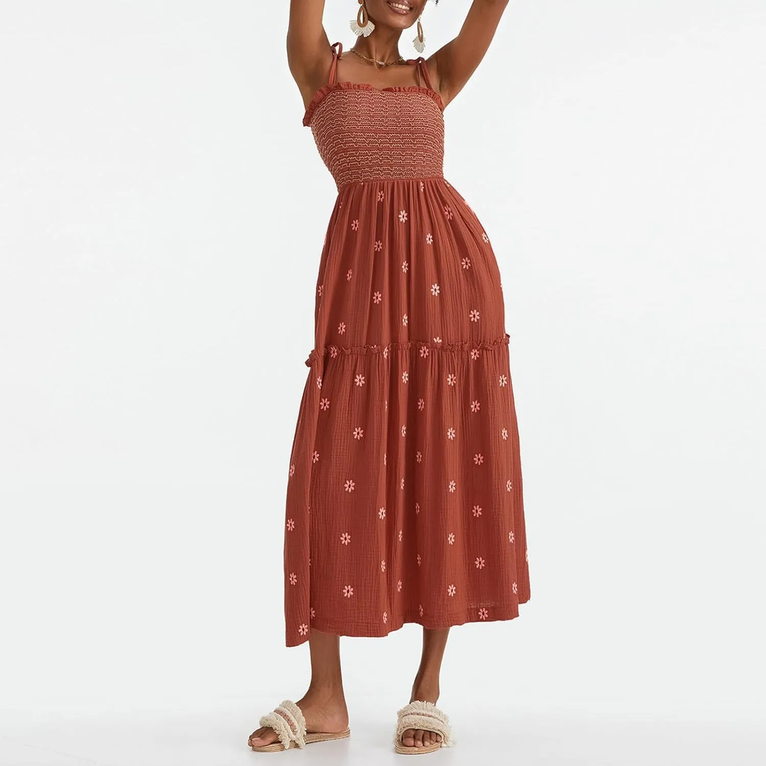 Women Floral Embroidered Maxi Dress Sleeveless Tie Shoulder Smocked Flowy Dress Boho Summer Sundresses with Pockets