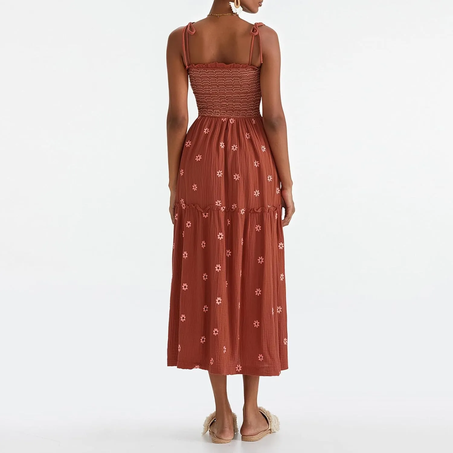 Women Floral Embroidered Maxi Dress Sleeveless Tie Shoulder Smocked Flowy Dress Boho Summer Sundresses with Pockets