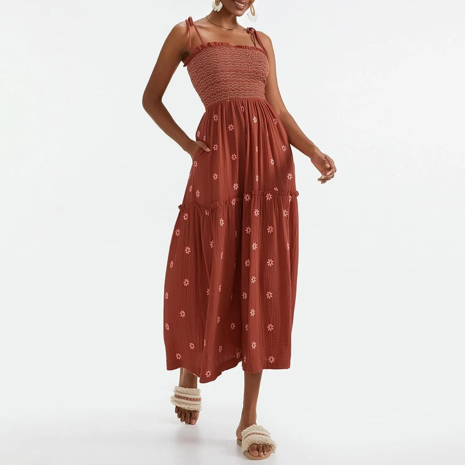 Women Floral Embroidered Maxi Dress Sleeveless Tie Shoulder Smocked Flowy Dress Boho Summer Sundresses with Pockets