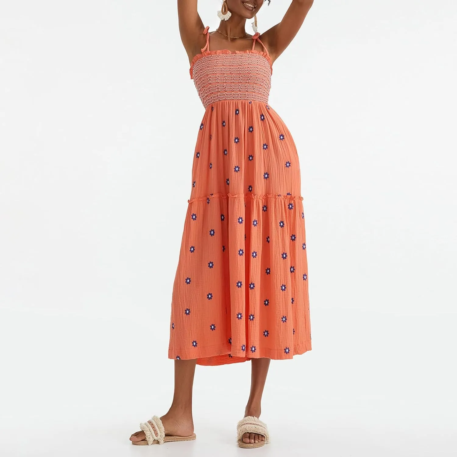 Women Floral Embroidered Maxi Dress Sleeveless Tie Shoulder Smocked Flowy Dress Boho Summer Sundresses with Pockets