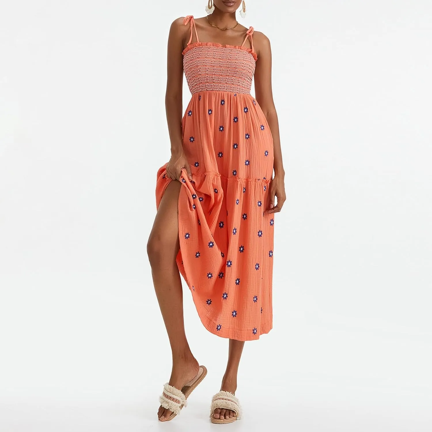 Women Floral Embroidered Maxi Dress Sleeveless Tie Shoulder Smocked Flowy Dress Boho Summer Sundresses with Pockets