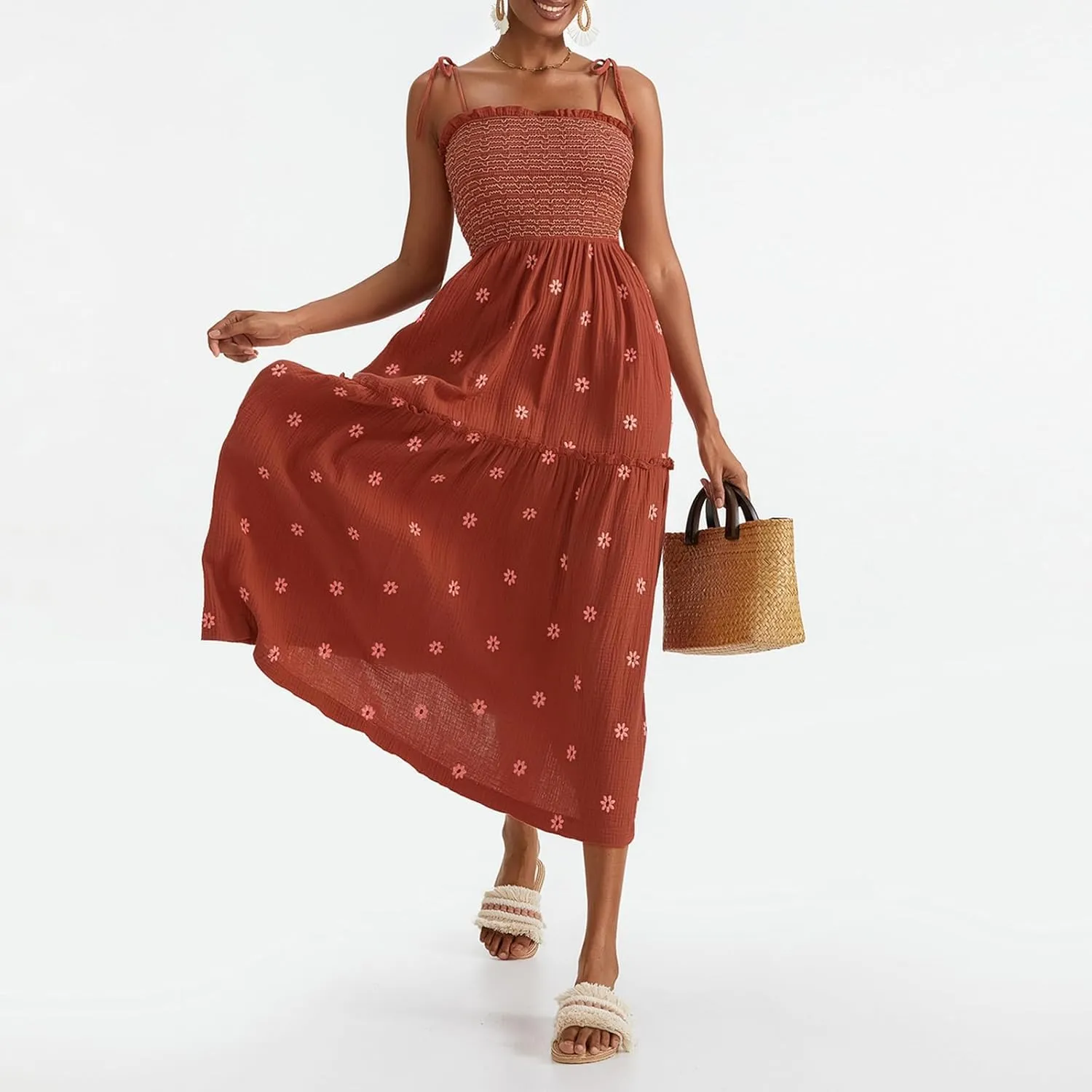 Women Floral Embroidered Maxi Dress Sleeveless Tie Shoulder Smocked Flowy Dress Boho Summer Sundresses with Pockets