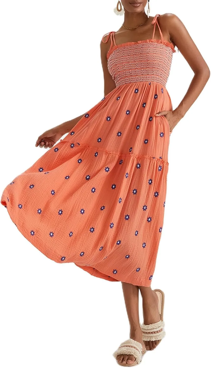 Women Floral Embroidered Maxi Dress Sleeveless Tie Shoulder Smocked Flowy Dress Boho Summer Sundresses with Pockets