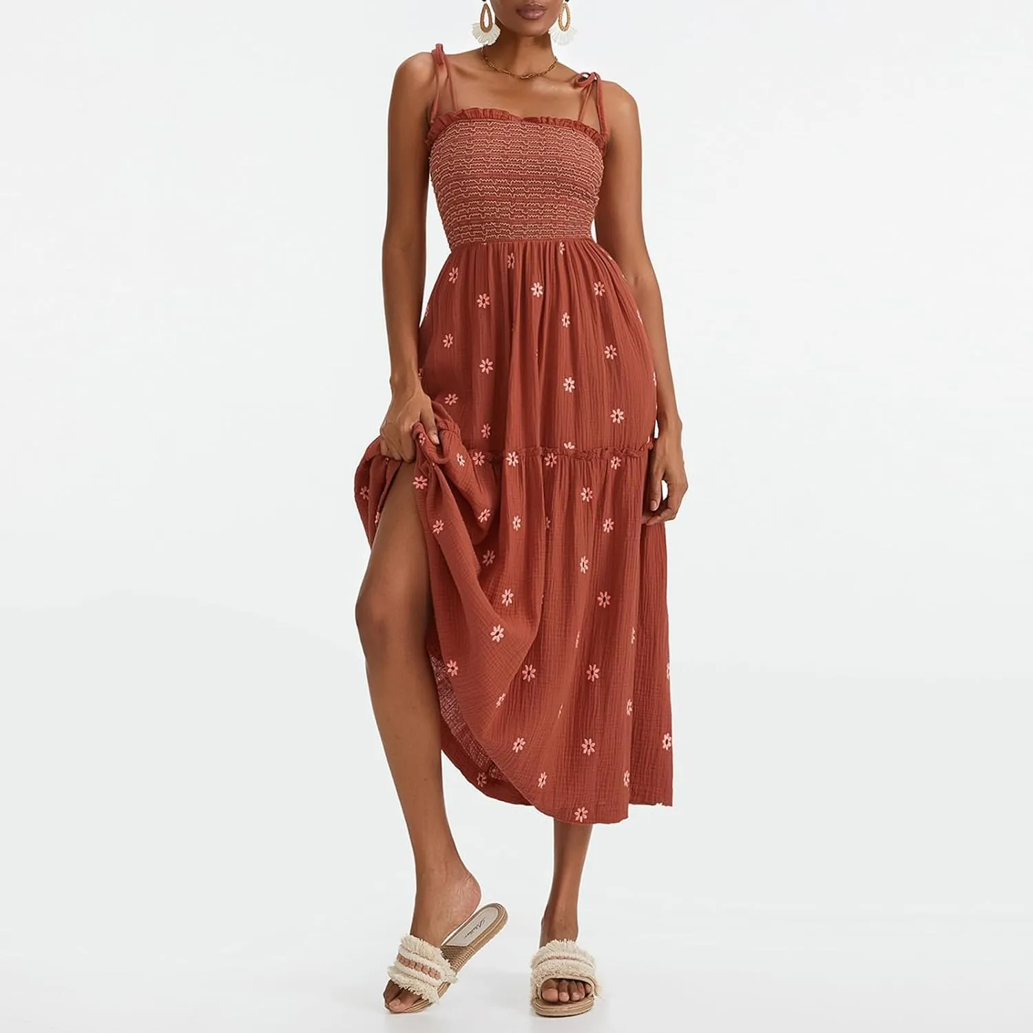 Women Floral Embroidered Maxi Dress Sleeveless Tie Shoulder Smocked Flowy Dress Boho Summer Sundresses with Pockets