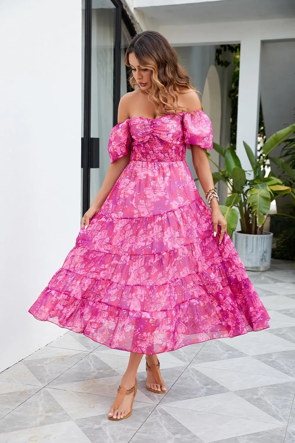 Women Floral Maxi Dress Short Puff Sleeve V Neck Bohemian Flowy Dress Smocked Casual Spring Summer Dresses