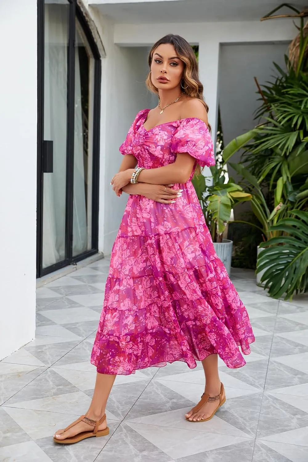 Women Floral Maxi Dress Short Puff Sleeve V Neck Bohemian Flowy Dress Smocked Casual Spring Summer Dresses