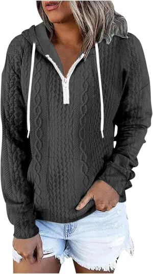 Women Oversized Hoodie Cable Knit Quarter Zip Sweatshirts Drawstring Long Sleeve Pullover 2024 Fall Winter Clothes