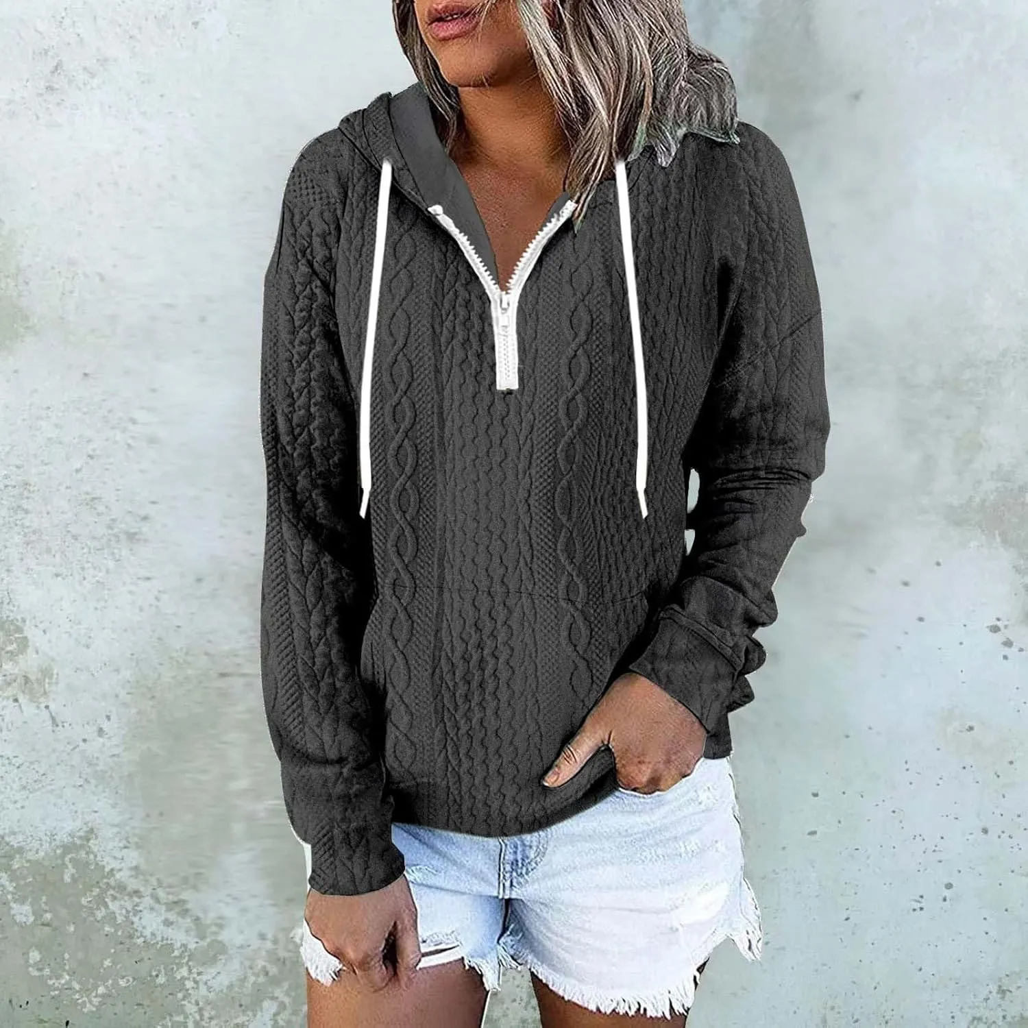 Women Oversized Hoodie Cable Knit Quarter Zip Sweatshirts Drawstring Long Sleeve Pullover 2024 Fall Winter Clothes