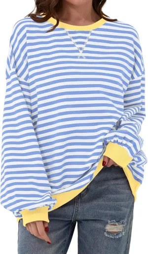 Women Oversized Striped Color Block Long Sleeve Crew Neck Sweatshirt Casual Loose Pullover Y2K Shirt Top