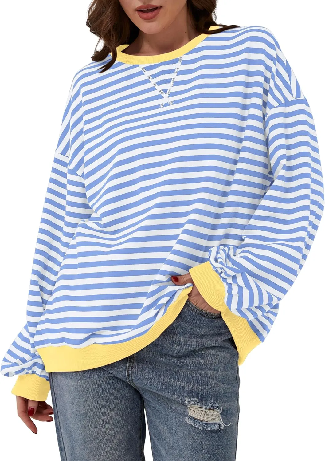 Women Oversized Striped Color Block Long Sleeve Crew Neck Sweatshirt Casual Loose Pullover Y2K Shirt Top