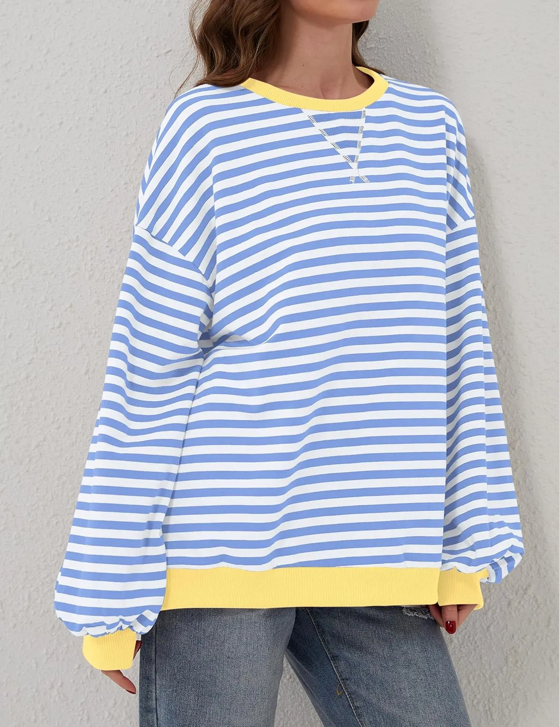 Women Oversized Striped Color Block Long Sleeve Crew Neck Sweatshirt Casual Loose Pullover Y2K Shirt Top