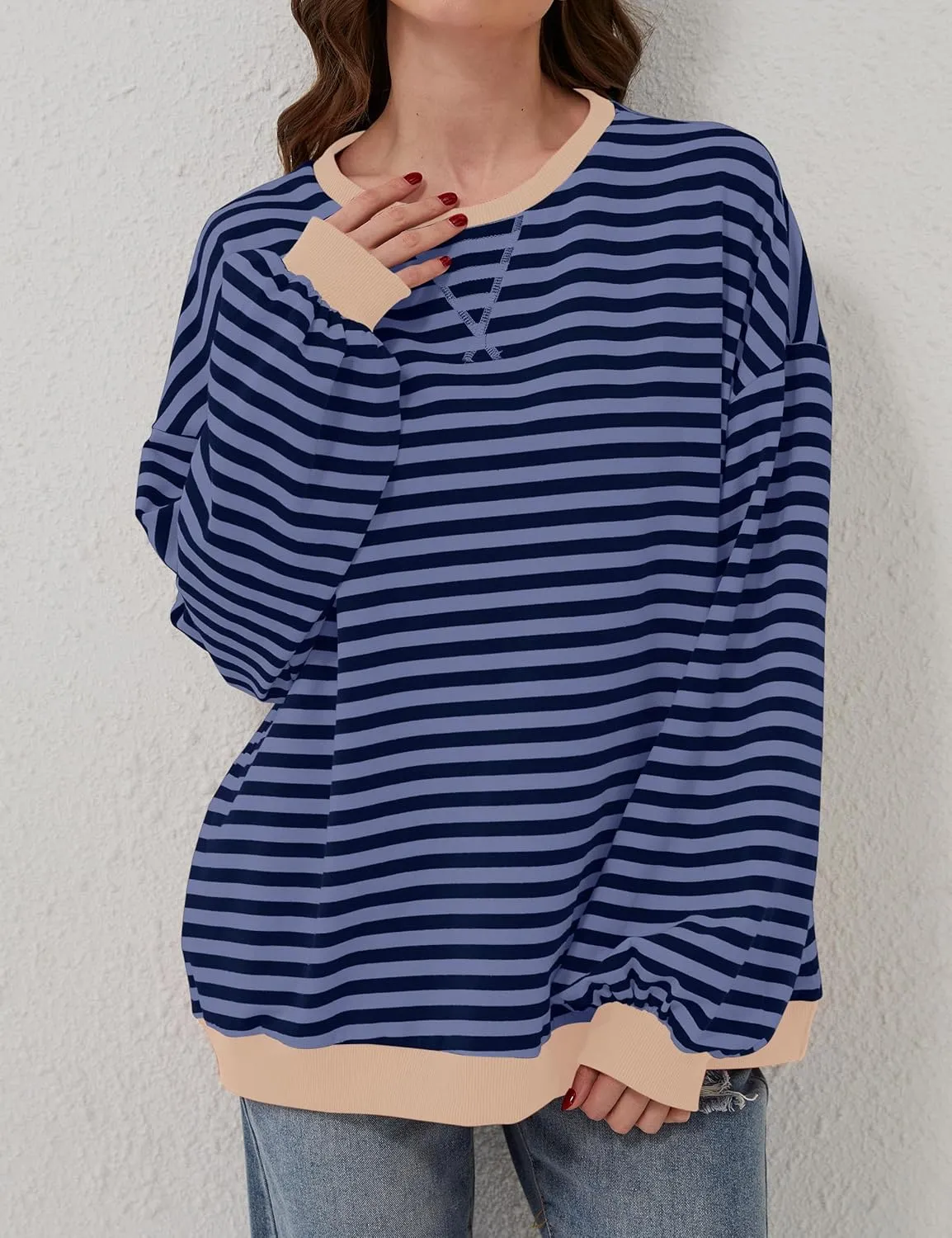 Women Oversized Striped Long Sleeve Sweatshirt Casual Crew Neck Drop Shoulder Relaxed Fit Pullover Shirt Top