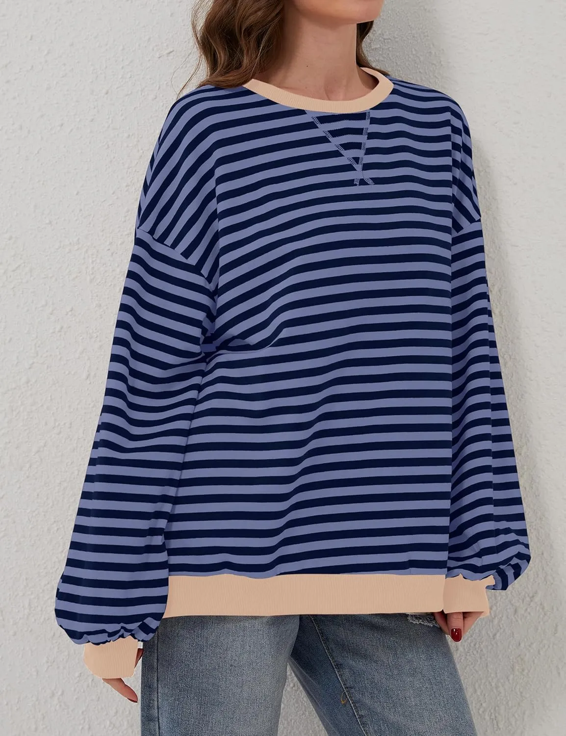 Women Oversized Striped Long Sleeve Sweatshirt Casual Crew Neck Drop Shoulder Relaxed Fit Pullover Shirt Top