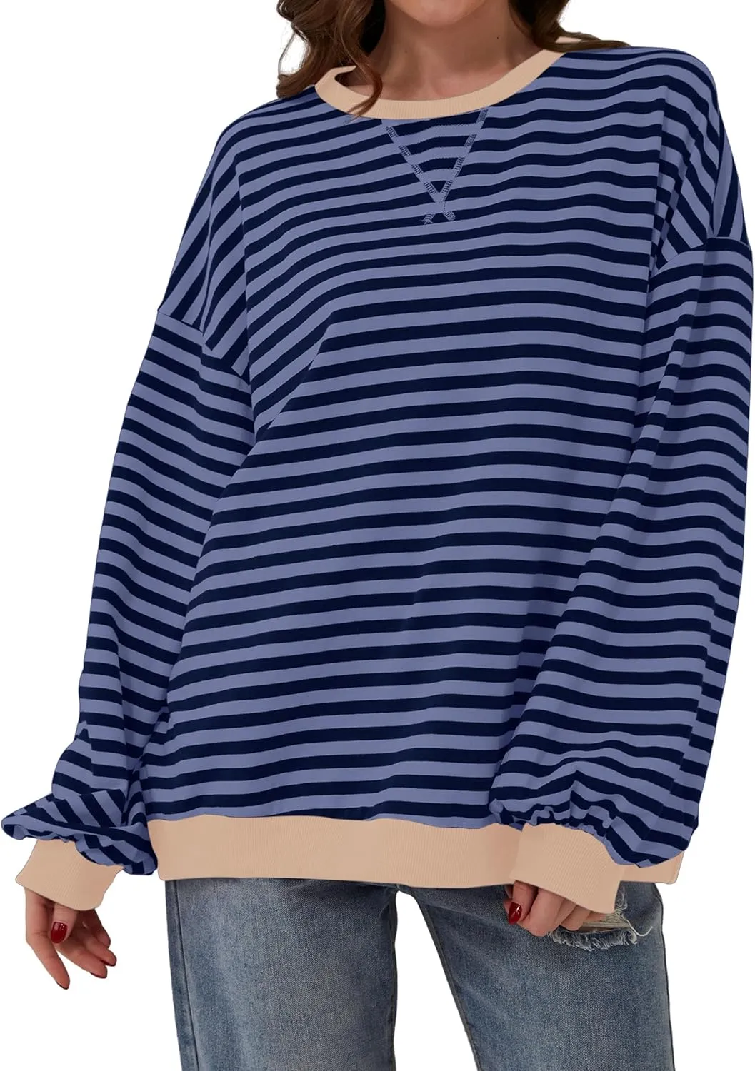 Women Oversized Striped Long Sleeve Sweatshirt Casual Crew Neck Drop Shoulder Relaxed Fit Pullover Shirt Top