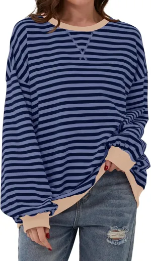 Women Oversized Striped Long Sleeve Sweatshirt Casual Crew Neck Drop Shoulder Relaxed Fit Pullover Shirt Top