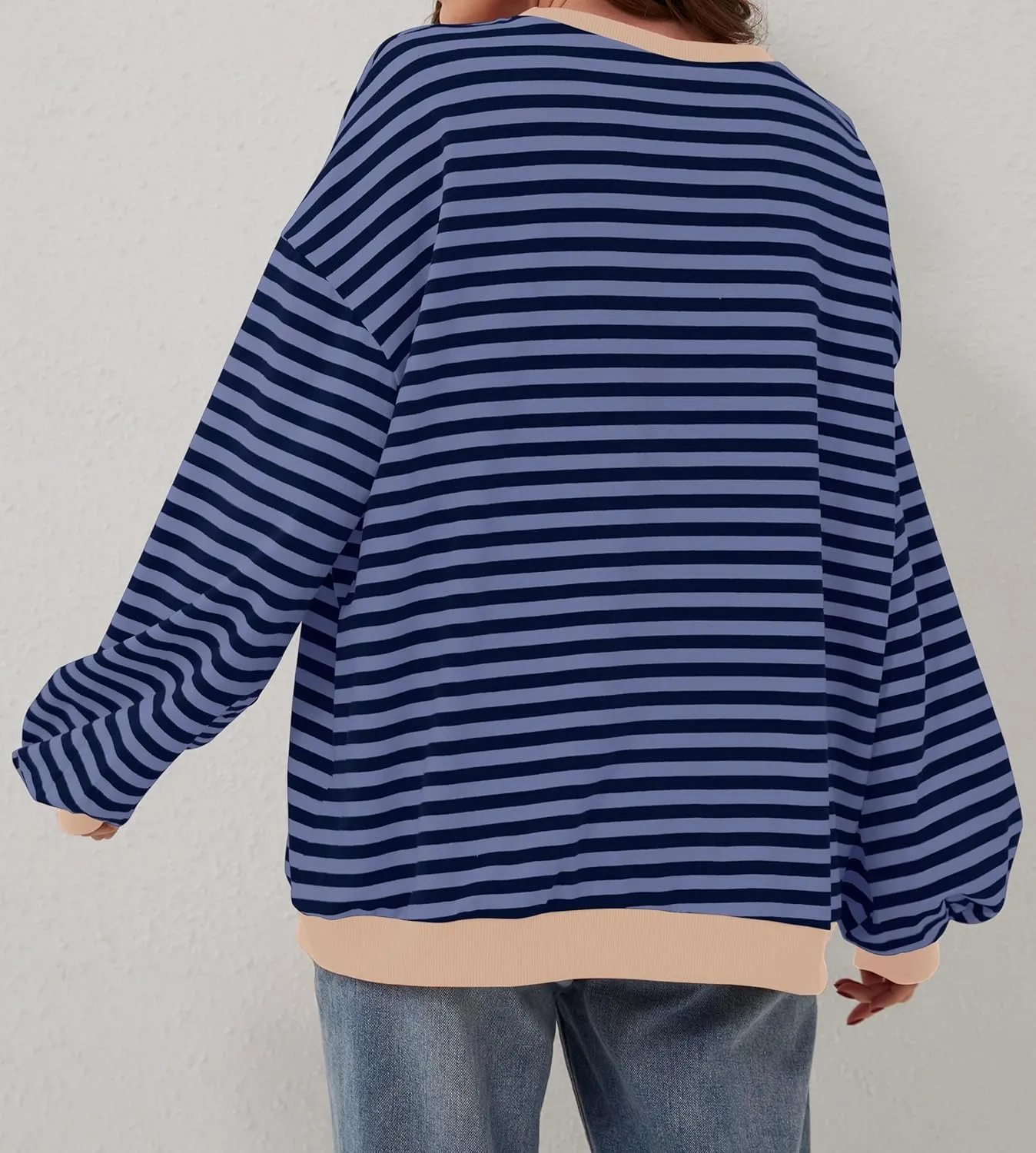 Women Oversized Striped Long Sleeve Sweatshirt Casual Crew Neck Drop Shoulder Relaxed Fit Pullover Shirt Top