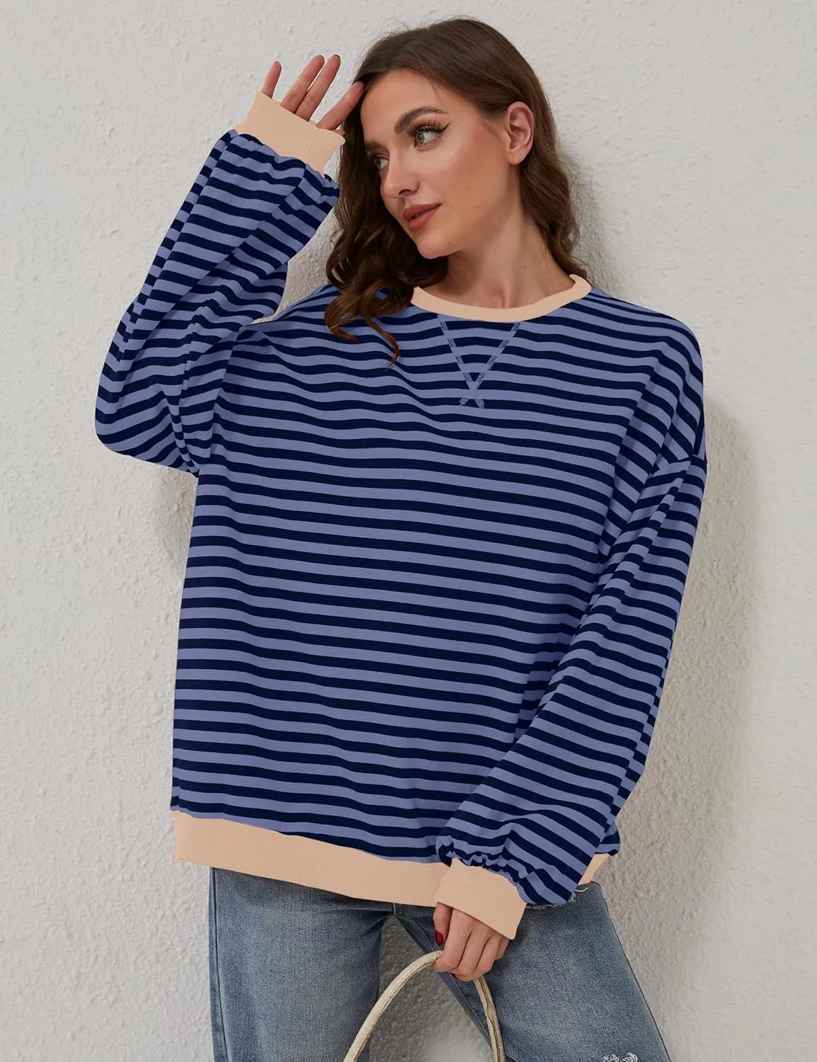 Women Oversized Striped Long Sleeve Sweatshirt Casual Crew Neck Drop Shoulder Relaxed Fit Pullover Shirt Top