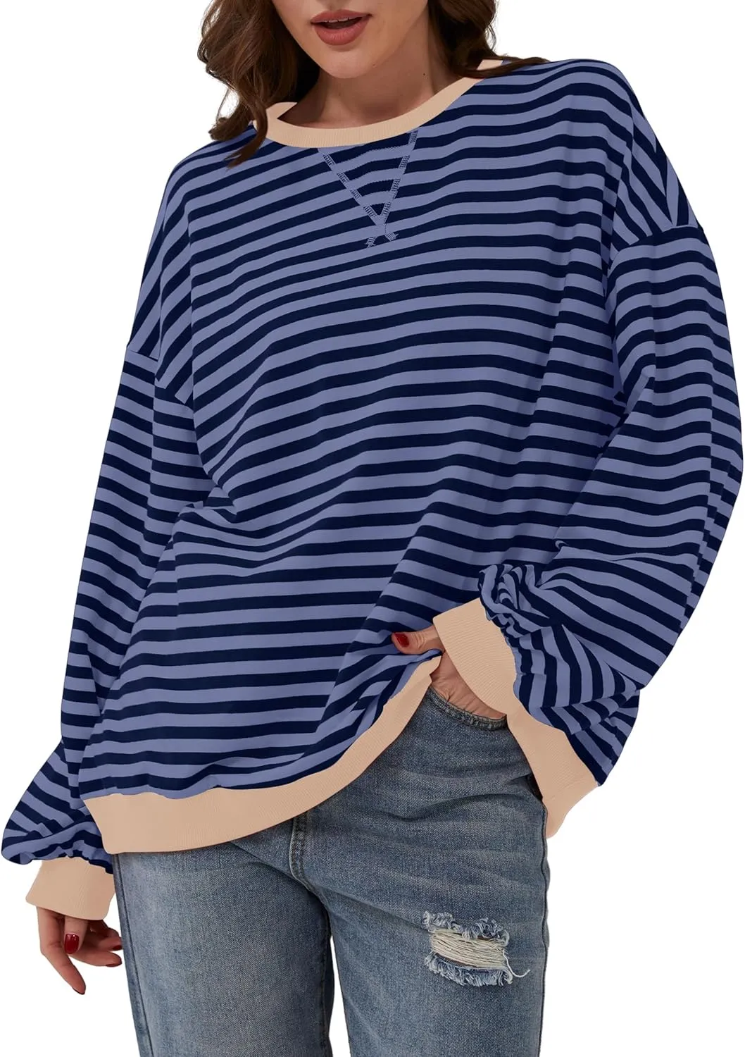 Women Oversized Striped Long Sleeve Sweatshirt Casual Crew Neck Drop Shoulder Relaxed Fit Pullover Shirt Top