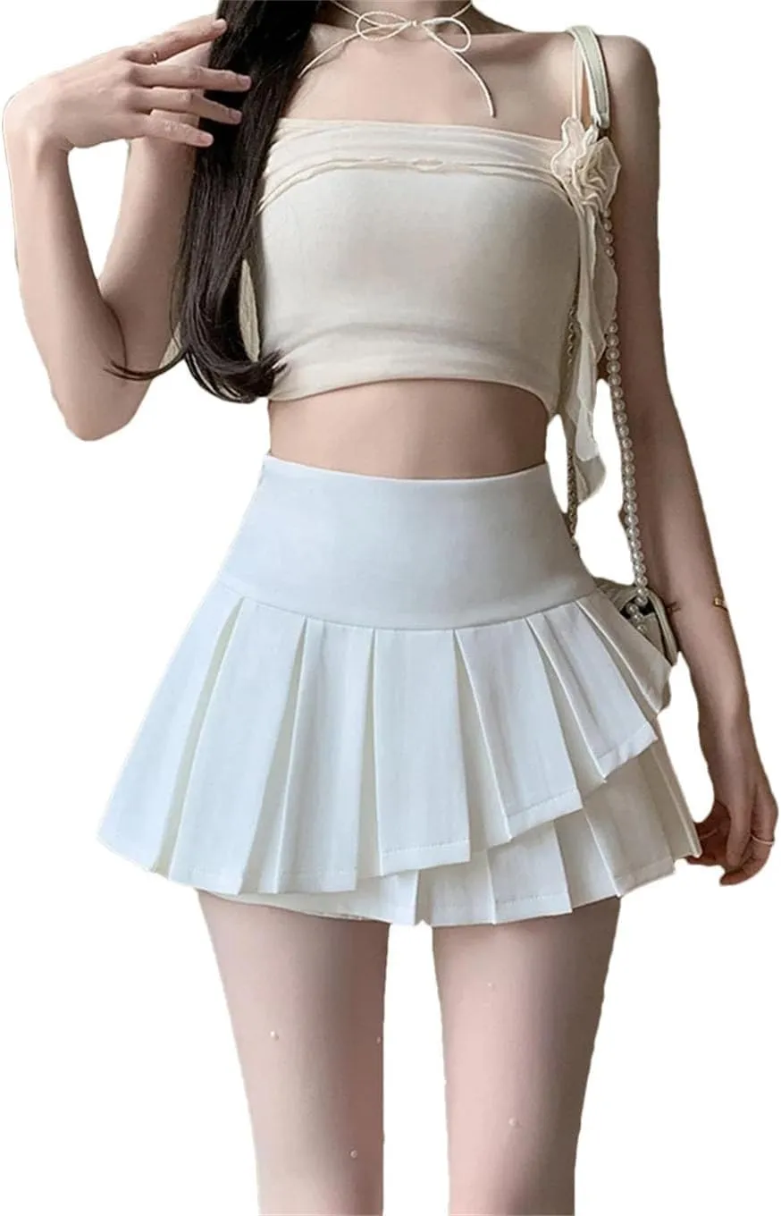 Women Preppy Style Irregular Pleated Short Skirt High Waist School Mini Skirts with Ruffles