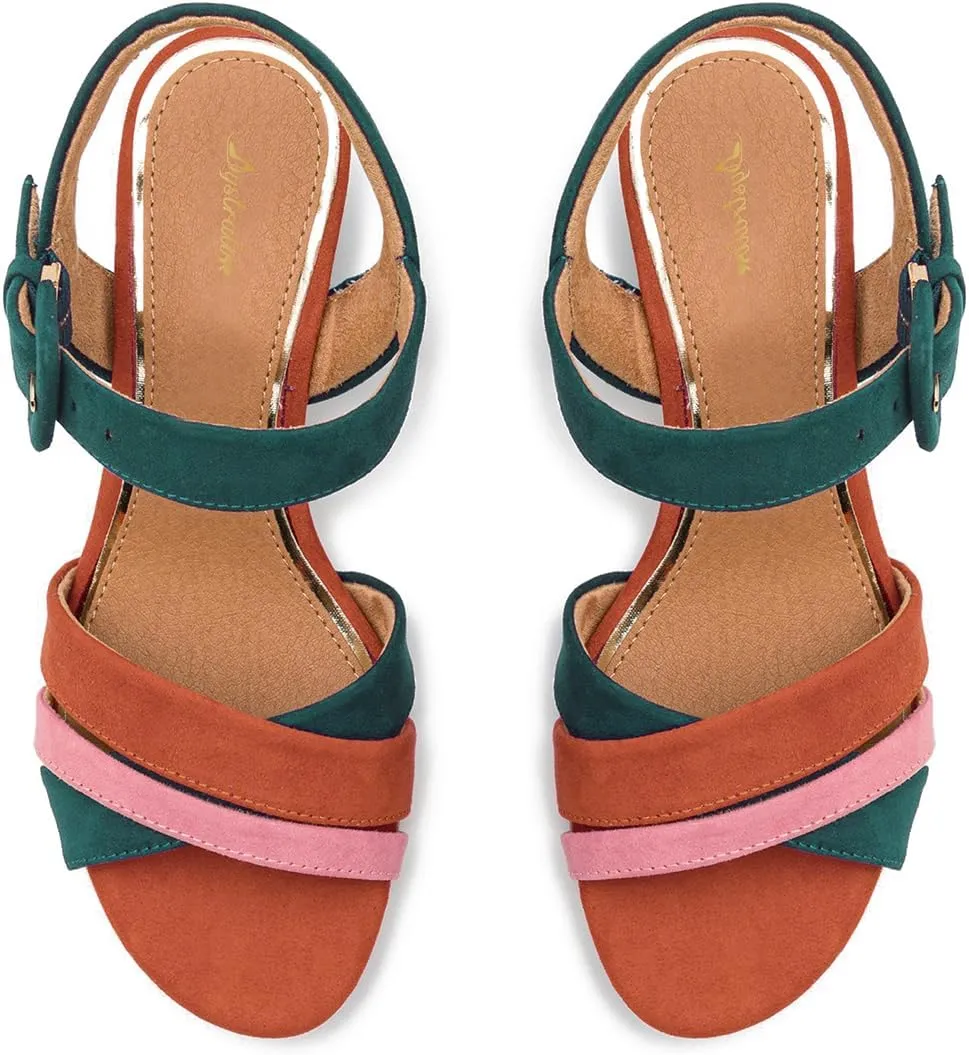 Women Rainbow Heeled Sandals Open Peep Round Toe Ankle Strap Pumps Suede Chunky Block Heels Sandals Multicolored Strappy Summer Dress Shoes Buckle Wedding Party Office Elegant 4-11 M US