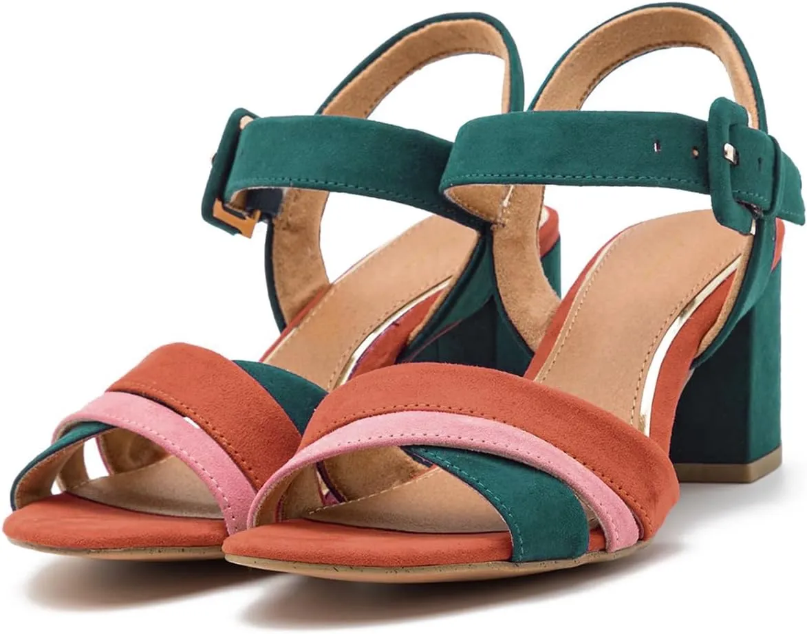 Women Rainbow Heeled Sandals Open Peep Round Toe Ankle Strap Pumps Suede Chunky Block Heels Sandals Multicolored Strappy Summer Dress Shoes Buckle Wedding Party Office Elegant 4-11 M US