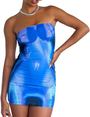 Women Sexy Strapless Tube Mini Dress 3D Print Denim Jeans Off Shoulder Bandeau Bodycon Dresses