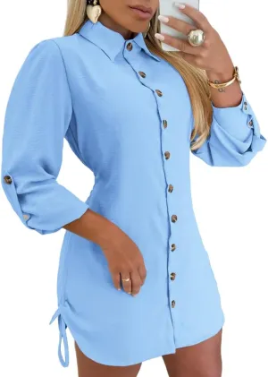 Women Shirt Dress Sexy Long Sleeve Button Down Blouses Side Drawstring Mini Dresses
